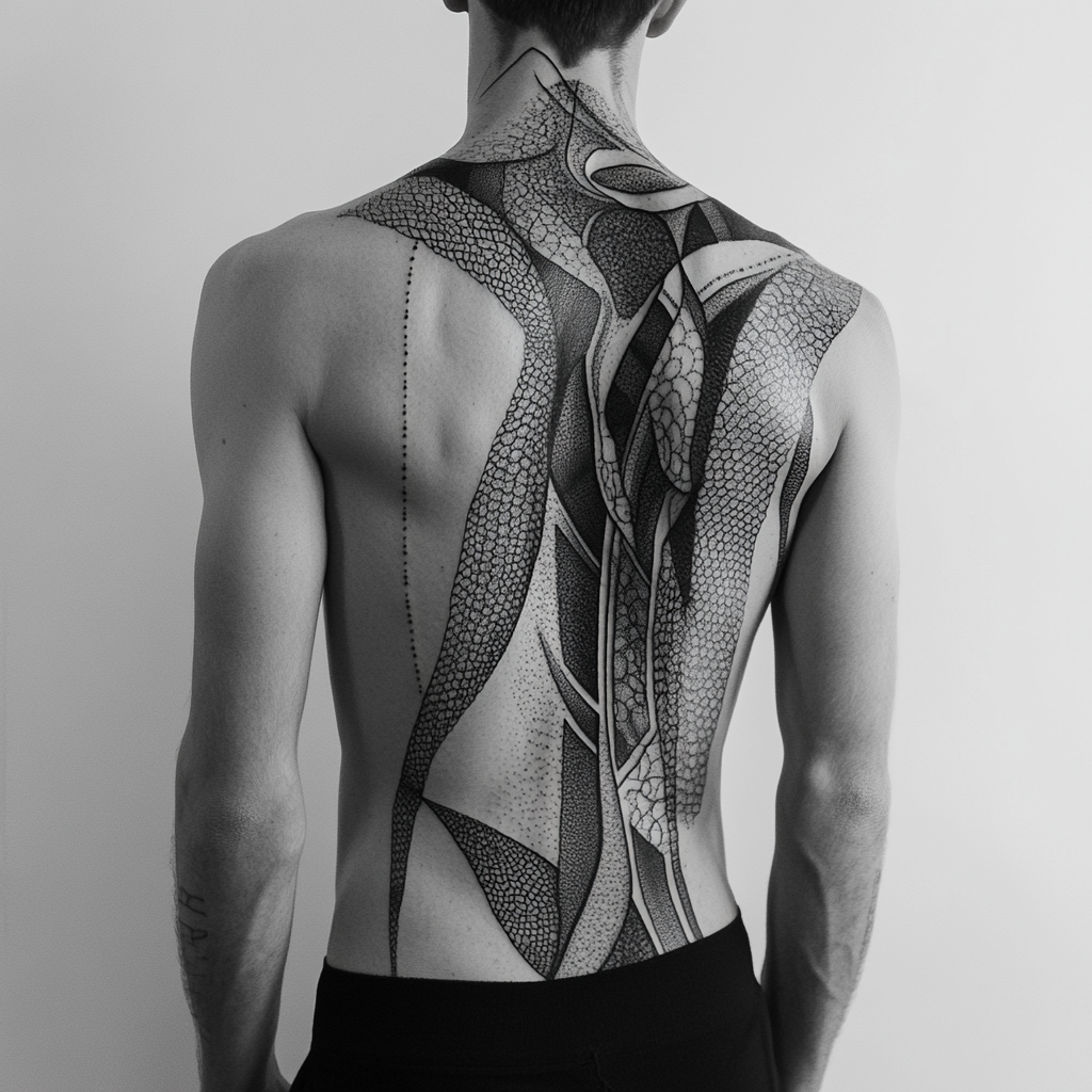 Collection of blackwork tattoo designs featuring geometric patterns, dotwork, and bold black ink illustrations