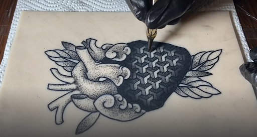 Close-up comparison of blackwork tattoo techniques showing solid fills, dotwork gradients, and geometric linework