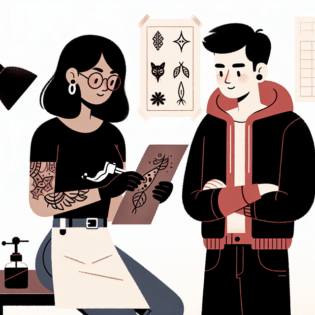 tattoo artist consulting with client