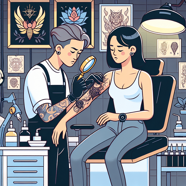 tattoo artist examining a biomechanical tattoo