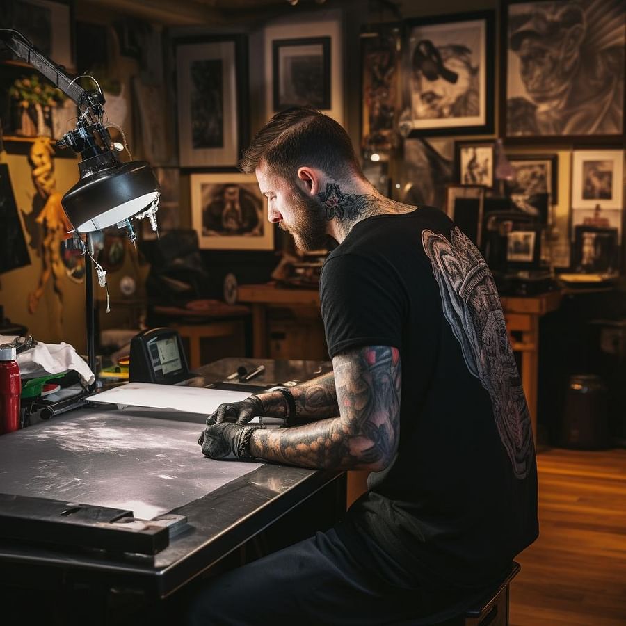A person exploring tattoo designs at a local tattoo parlor