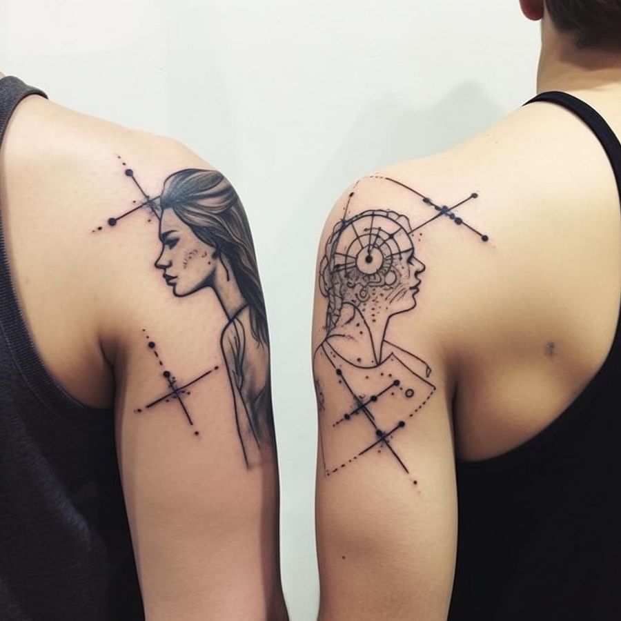 Matching quote tattoos split between two individuals