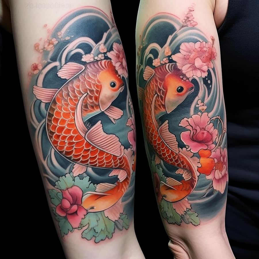 Matching Japanese-style koi fish tattoos