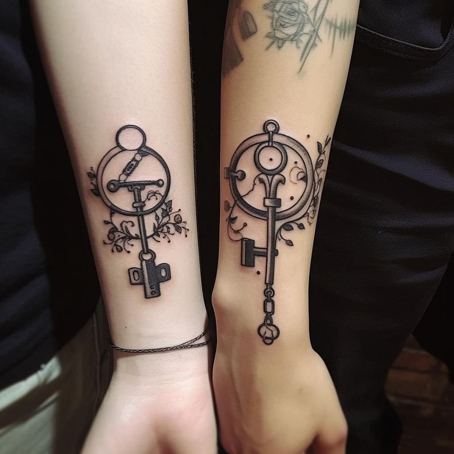 Complementary matching tattoos featuring a lock and key design