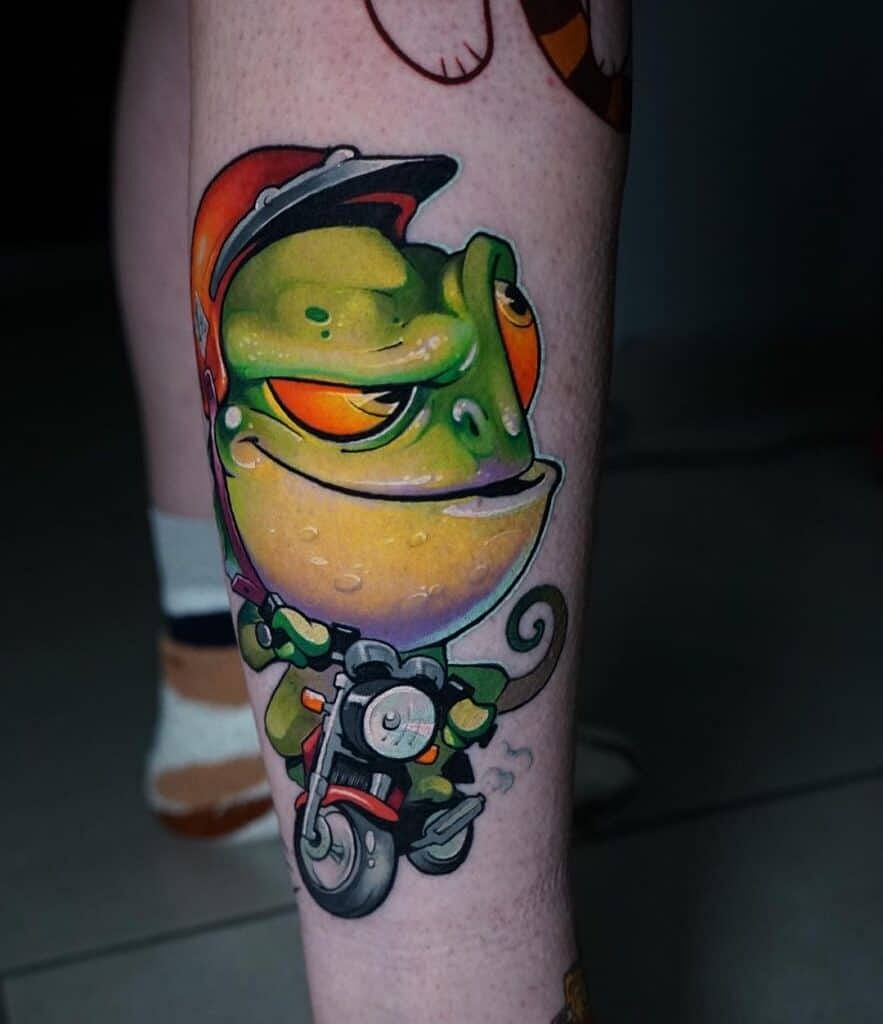 A colorful and bold new school tattoo featuring a cartoon character