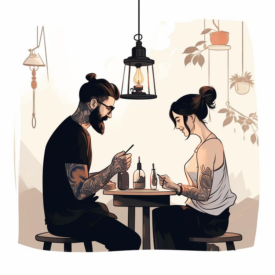 An artist and client discussing a tattoo sketch